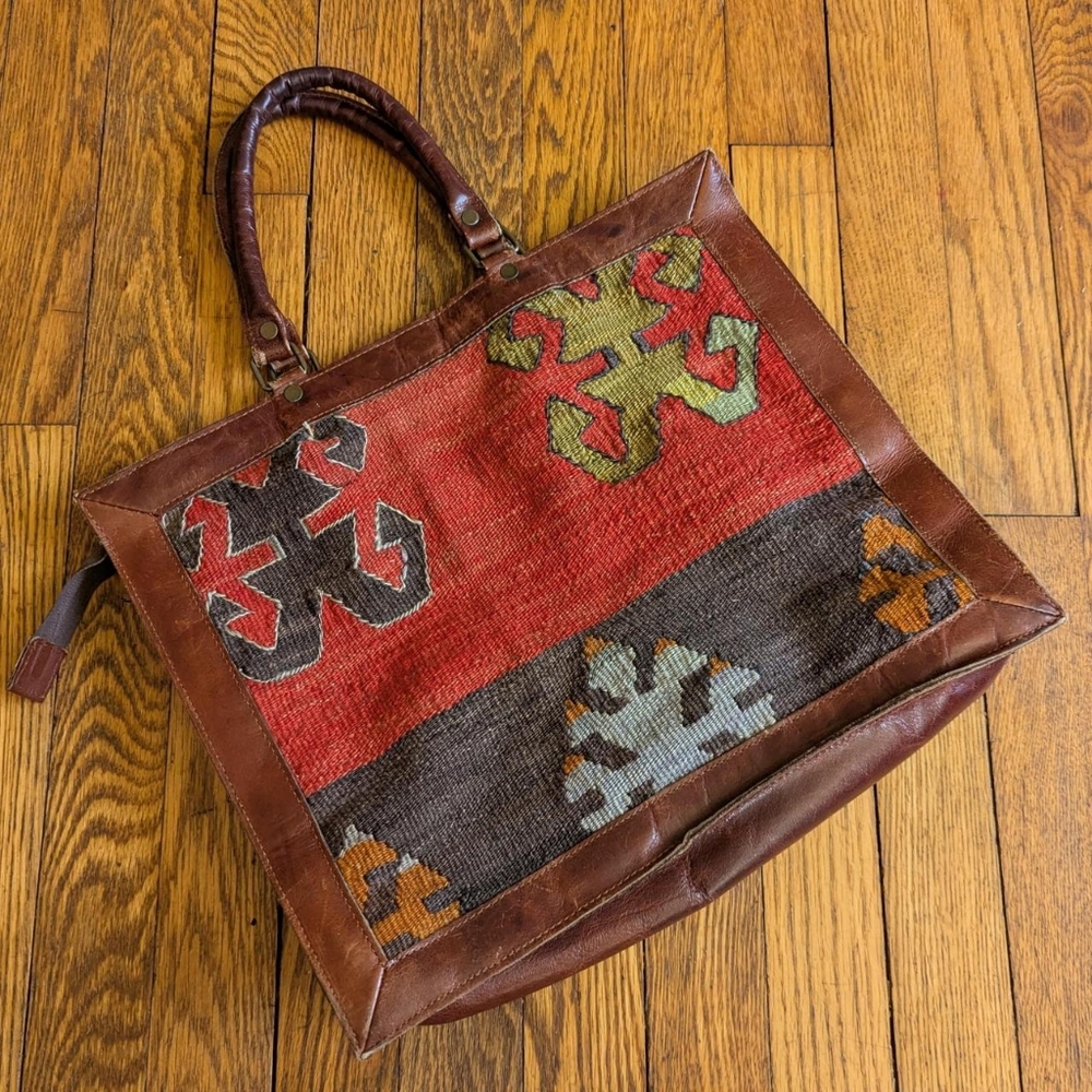 Vintage Turkish Wool Rug Leather Trim Shoulder Tote Bag